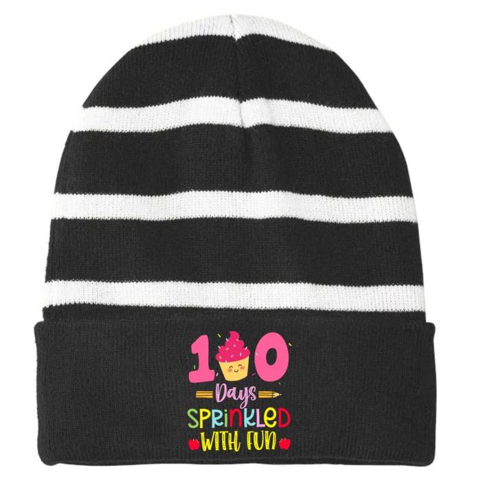 100 Days Sprinkled With Fun Cupcake 100th Day Of School Girl Striped Beanie with Solid Band