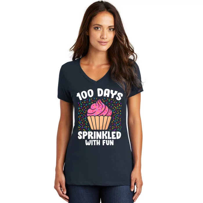 100 Days Sprinkled With Fun Cupcake 100th Day Of School Girl Women's V-Neck T-Shirt