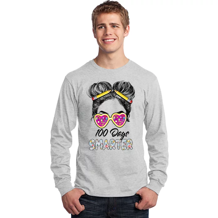 100 Days Smarter Girls Messy Bun Hair 100th Day Of School Long Sleeve Shirt