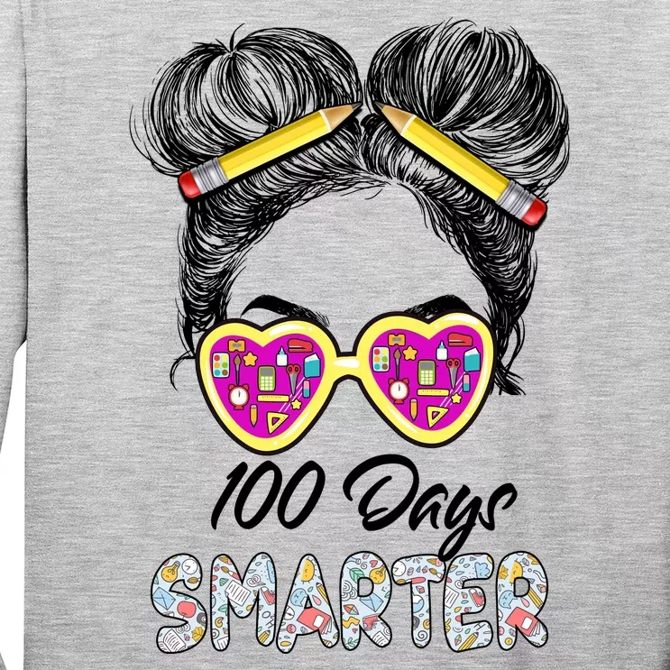 100 Days Smarter Girls Messy Bun Hair 100th Day Of School Long Sleeve Shirt