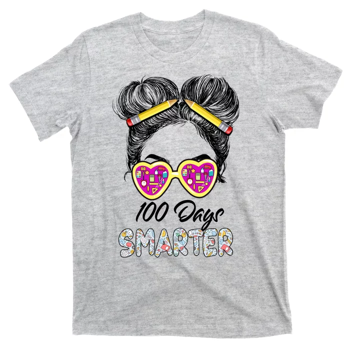 100 Days Smarter Girls Messy Bun Hair 100th Day Of School T-Shirt