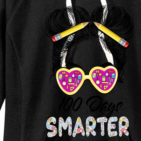 100 Days Smarter Girls Messy Bun Hair 100th Day Of School Women's Fleece Hoodie