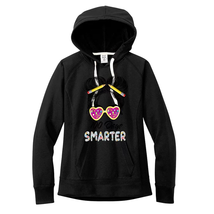 100 Days Smarter Girls Messy Bun Hair 100th Day Of School Women's Fleece Hoodie