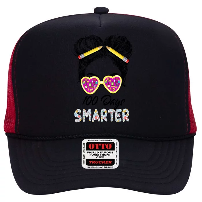 100 Days Smarter Girls Messy Bun Hair 100th Day Of School High Crown Mesh Trucker Hat