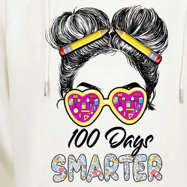 100 Days Smarter Girls Messy Bun Hair 100th Day Of School Womens Funnel Neck Pullover Hood