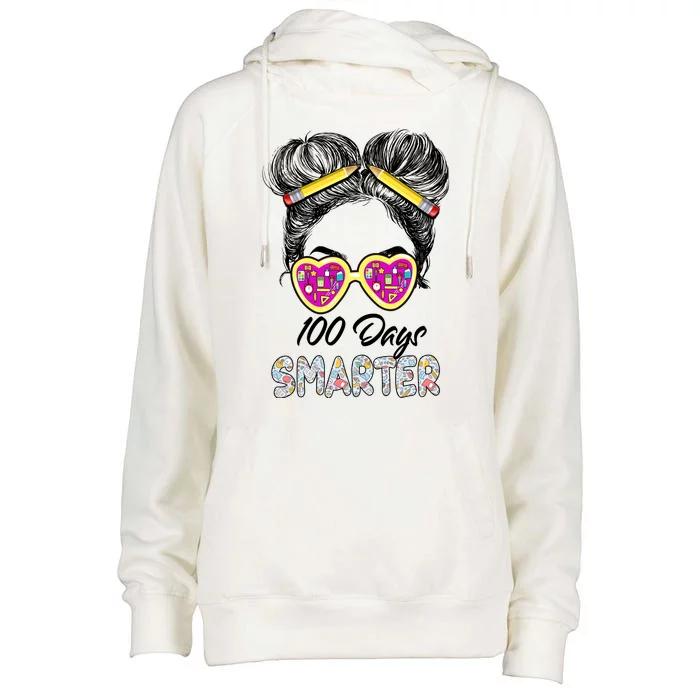 100 Days Smarter Girls Messy Bun Hair 100th Day Of School Womens Funnel Neck Pullover Hood