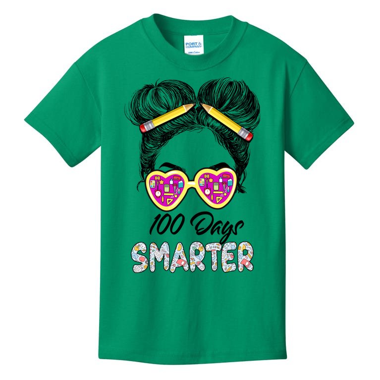 100 Days Smarter Girls Messy Bun Hair 100th Day Of School Kids T-Shirt |  TeeShirtPalace