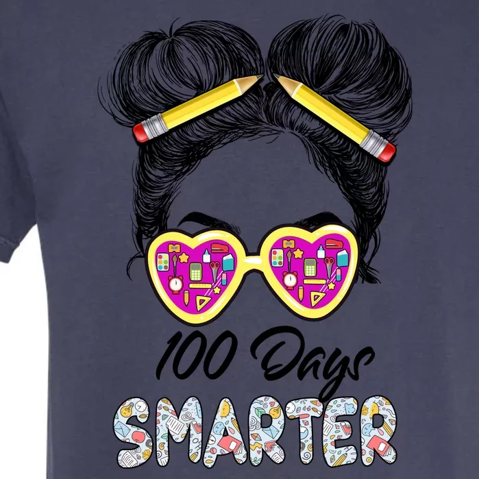 100 Days Smarter Girls Messy Bun Hair 100th Day Of School Garment-Dyed Heavyweight T-Shirt