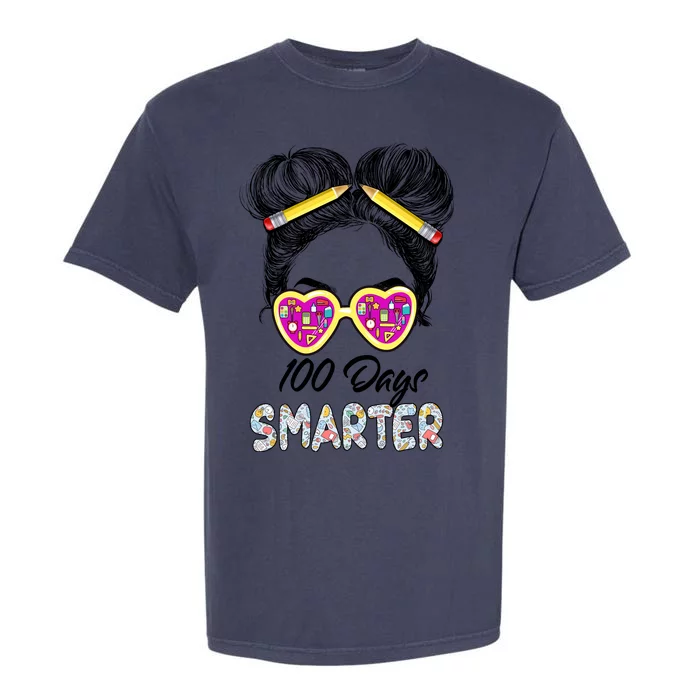 100 Days Smarter Girls Messy Bun Hair 100th Day Of School Garment-Dyed Heavyweight T-Shirt