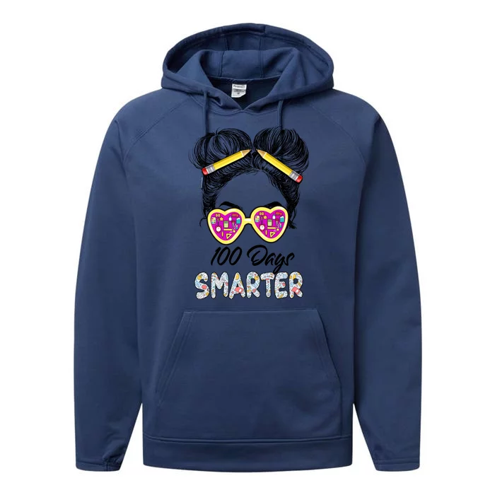 100 Days Smarter Girls Messy Bun Hair 100th Day Of School Performance Fleece Hoodie