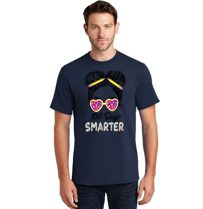 100 Days Smarter Girls Messy Bun Hair 100th Day Of School Tall T-Shirt