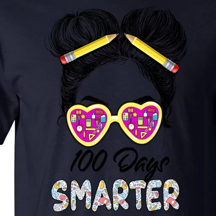 100 Days Smarter Girls Messy Bun Hair 100th Day Of School Tall T-Shirt