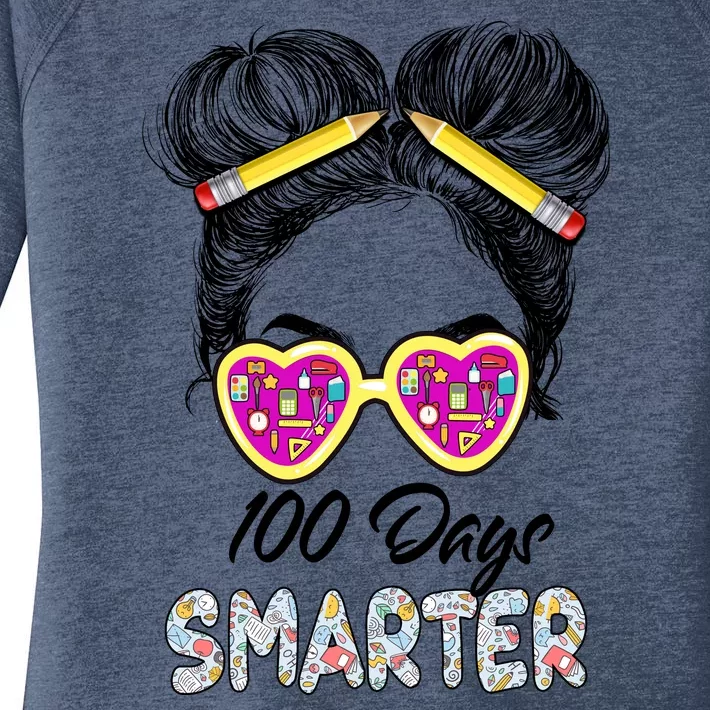 100 Days Smarter Girls Messy Bun Hair 100th Day Of School Women's Perfect Tri Tunic Long Sleeve Shirt