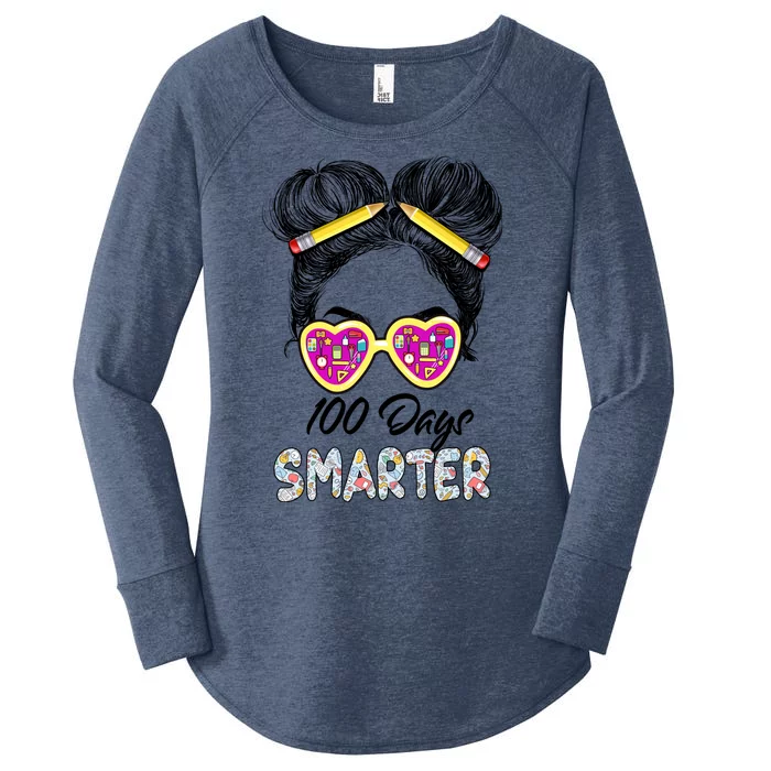 100 Days Smarter Girls Messy Bun Hair 100th Day Of School Women's Perfect Tri Tunic Long Sleeve Shirt