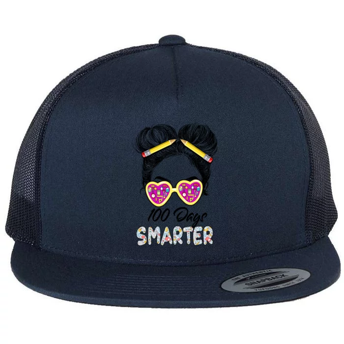 100 Days Smarter Girls Messy Bun Hair 100th Day Of School Flat Bill Trucker Hat