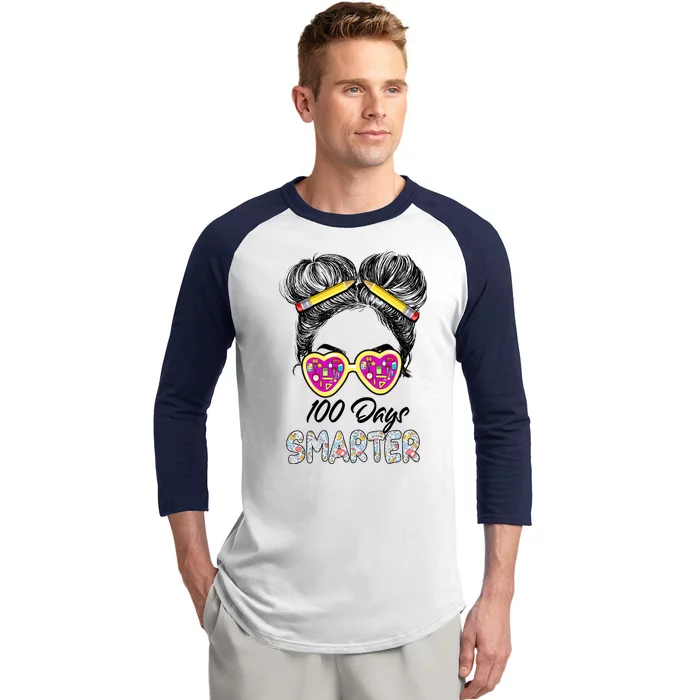 100 Days Smarter Girls Messy Bun Hair 100th Day Of School Baseball Sleeve Shirt