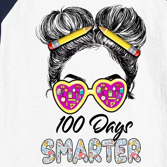 100 Days Smarter Girls Messy Bun Hair 100th Day Of School Baseball Sleeve Shirt