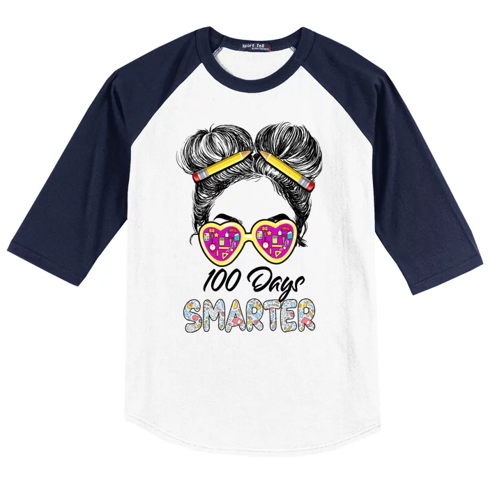 100 Days Smarter Girls Messy Bun Hair 100th Day Of School Baseball Sleeve Shirt