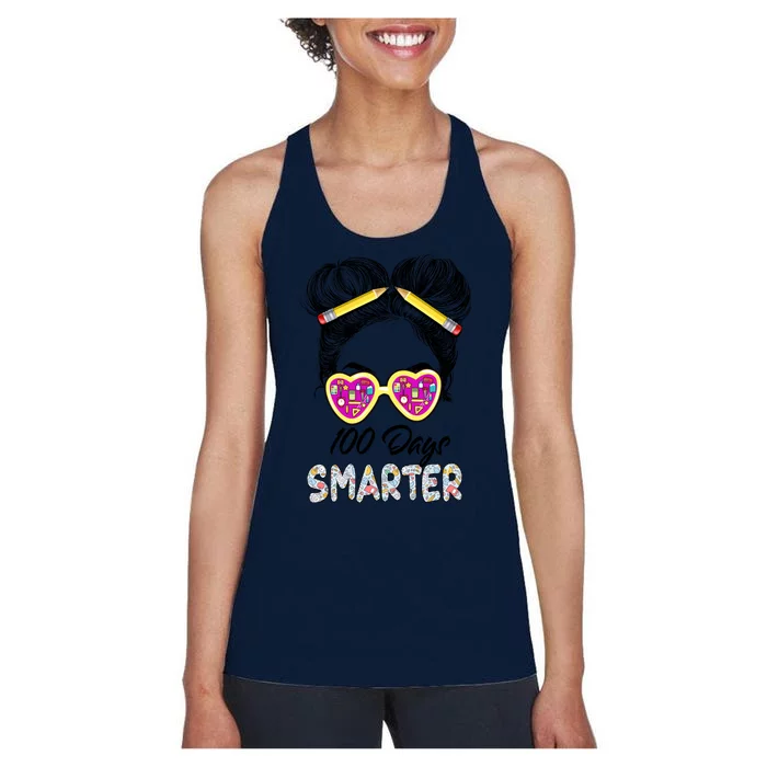 100 Days Smarter Girls Messy Bun Hair 100th Day Of School Women's Racerback Tank