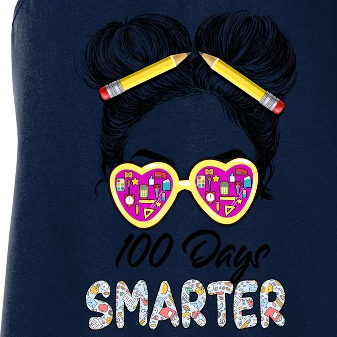 100 Days Smarter Girls Messy Bun Hair 100th Day Of School Women's Racerback Tank