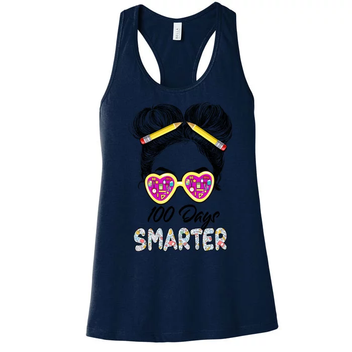 100 Days Smarter Girls Messy Bun Hair 100th Day Of School Women's Racerback Tank