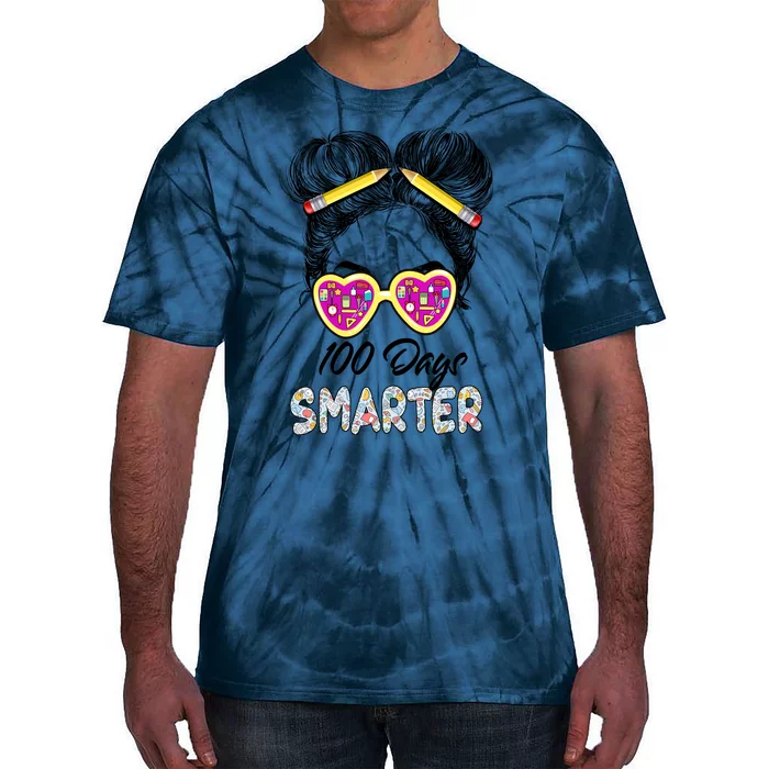 100 Days Smarter Girls Messy Bun Hair 100th Day Of School Tie-Dye T-Shirt