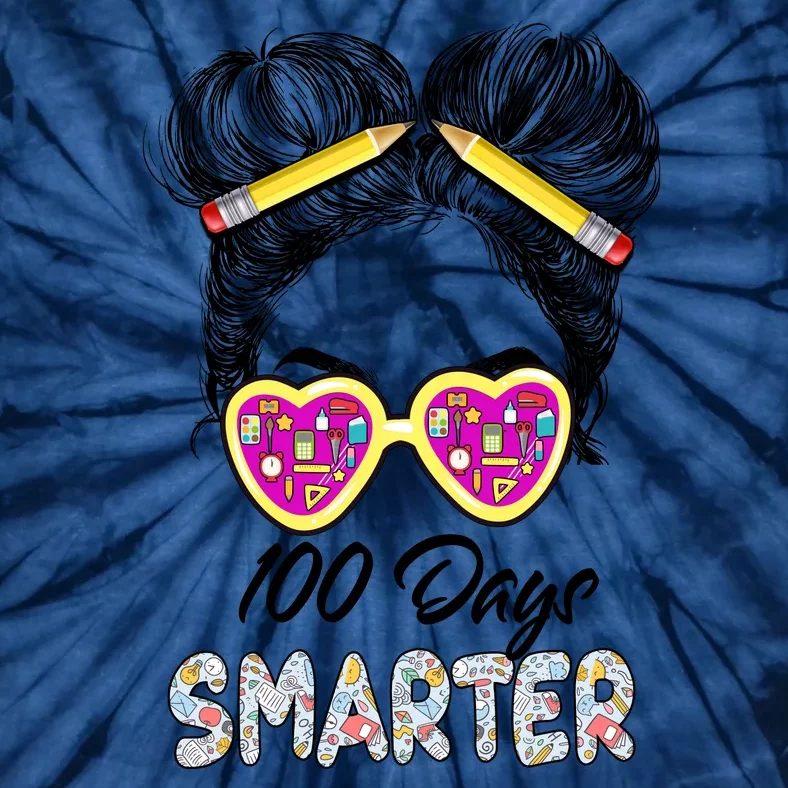 100 Days Smarter Girls Messy Bun Hair 100th Day Of School Tie-Dye T-Shirt