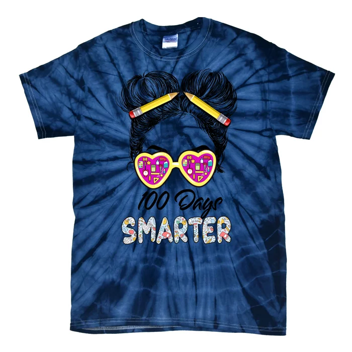 100 Days Smarter Girls Messy Bun Hair 100th Day Of School Tie-Dye T-Shirt