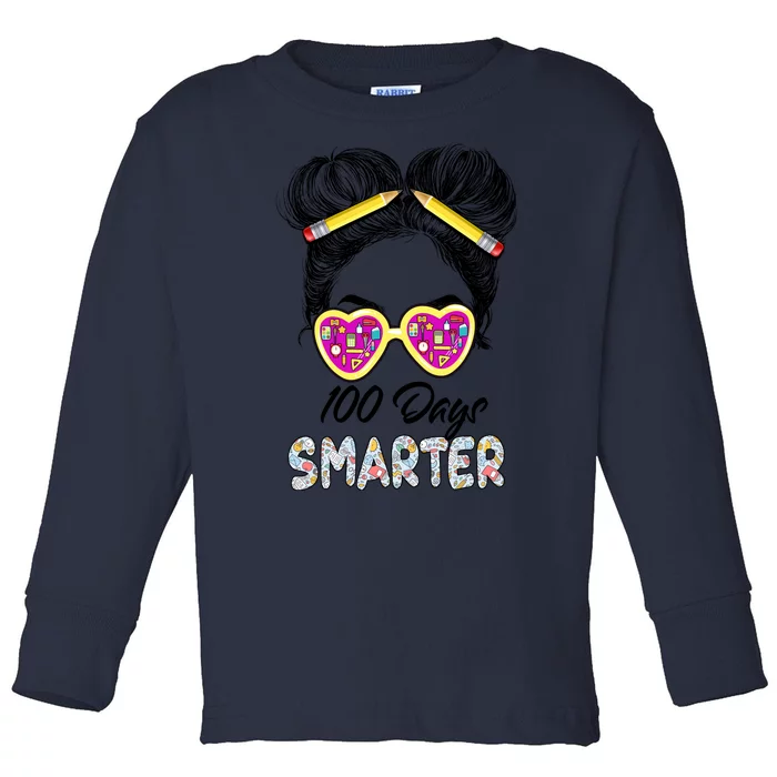 100 Days Smarter Girls Messy Bun Hair 100th Day Of School Toddler Long Sleeve Shirt