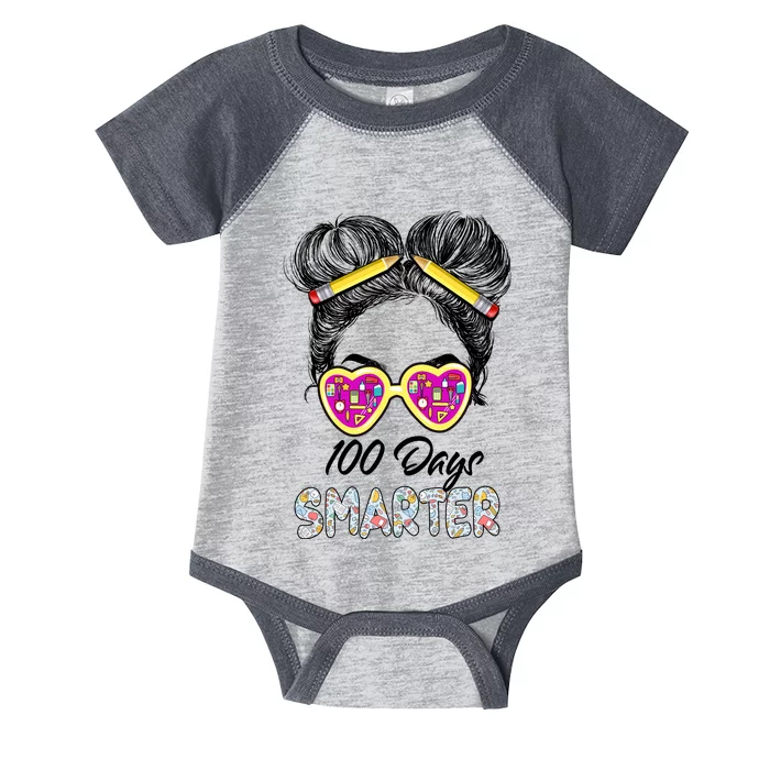 100 Days Smarter Girls Messy Bun Hair 100th Day Of School Infant Baby Jersey Bodysuit