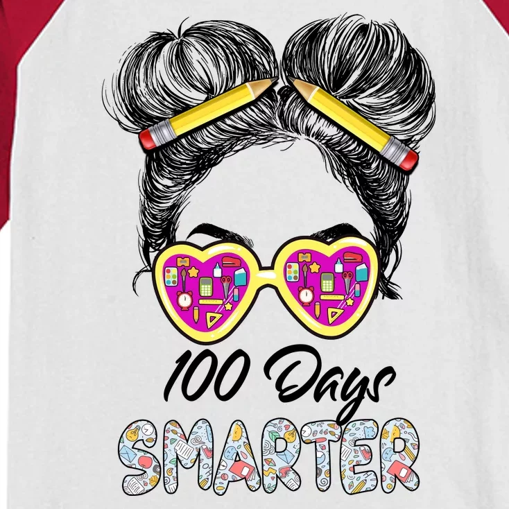 100 Days Smarter Girls Messy Bun Hair 100th Day Of School Kids Colorblock Raglan Jersey