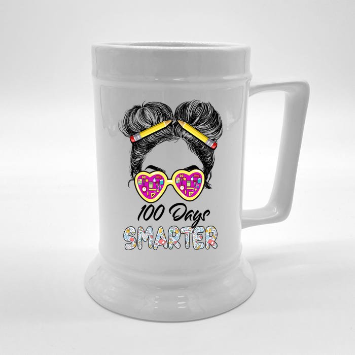 100 Days Smarter Girls Messy Bun Hair 100th Day Of School Front & Back Beer Stein