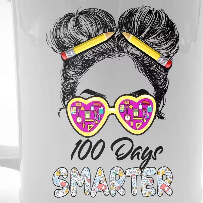 100 Days Smarter Girls Messy Bun Hair 100th Day Of School Front & Back Beer Stein