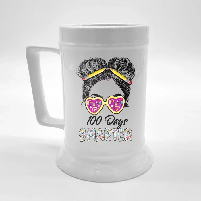 100 Days Smarter Girls Messy Bun Hair 100th Day Of School Front & Back Beer Stein