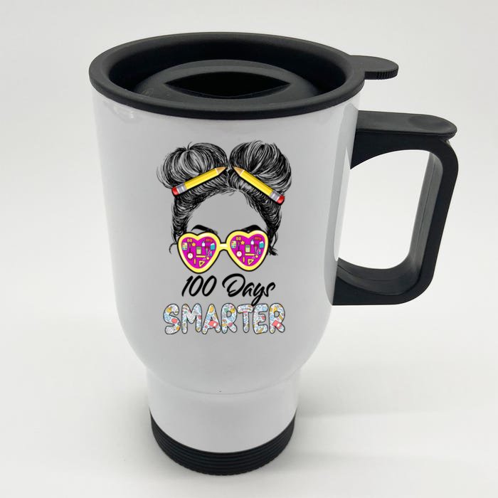 100 Days Smarter Girls Messy Bun Hair 100th Day Of School Front & Back Stainless Steel Travel Mug