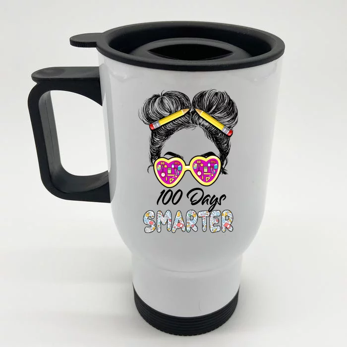 100 Days Smarter Girls Messy Bun Hair 100th Day Of School Front & Back Stainless Steel Travel Mug