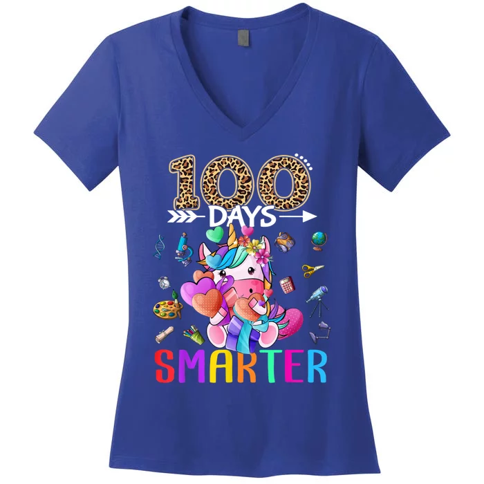 100 Days Smarter Unicorn Happy 100th Day Of School Gift Women's V-Neck T-Shirt