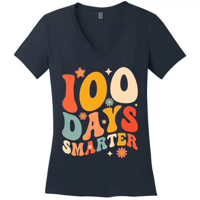 100 Days Smarter Happy 100th Day Of School Groovy Boy Girl Women's V-Neck T-Shirt