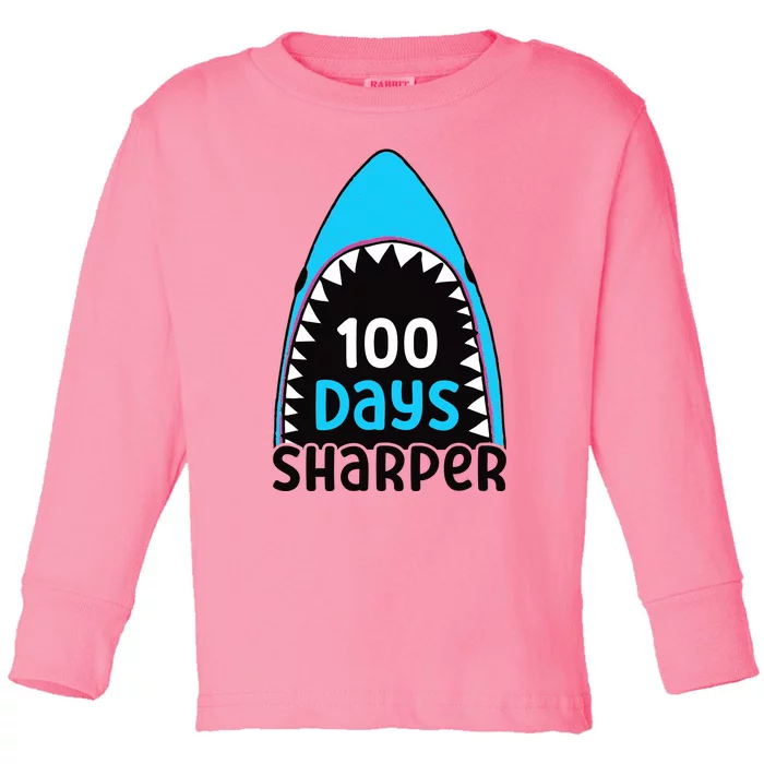 100 Days Sharper Boy Shark 100th Day Of School Toddler Long Sleeve Shirt