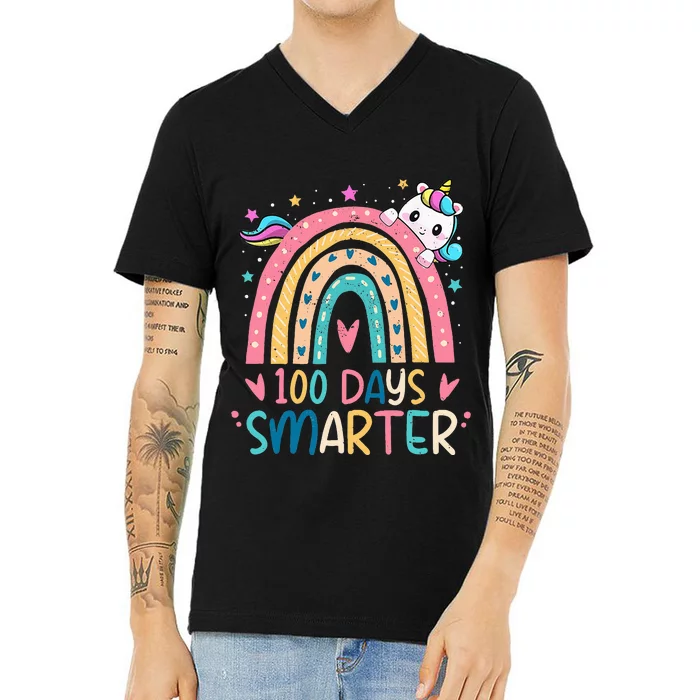 100 Days Smarter Unicorn 100th Day Of School Gift V-Neck T-Shirt