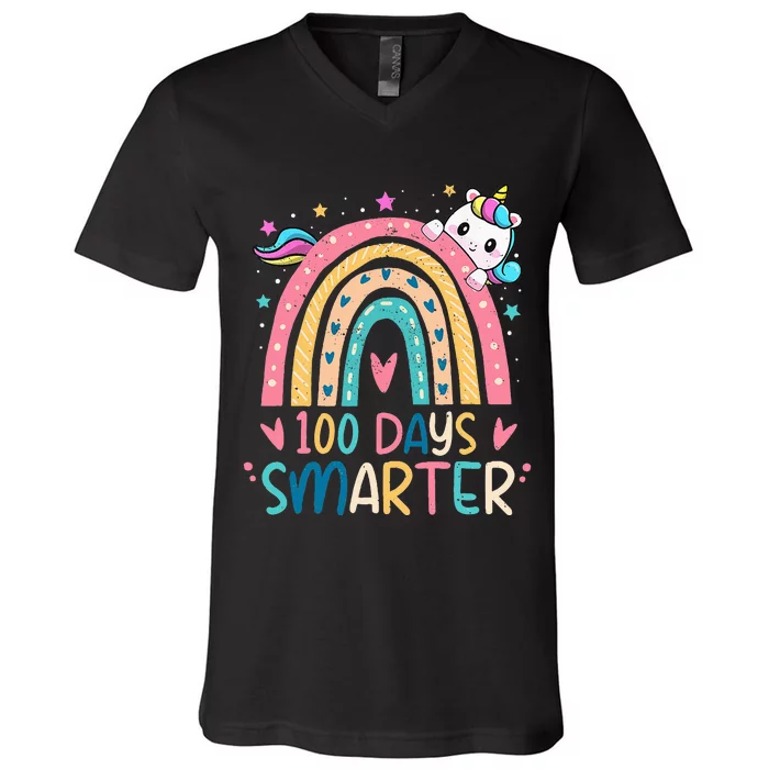 100 Days Smarter Unicorn 100th Day Of School Gift V-Neck T-Shirt