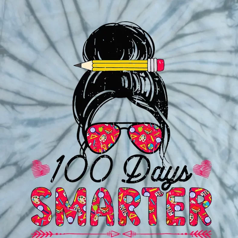 100 Days Smarter Girl Messy Bun Hair 100th Day Of School Tie-Dye T-Shirt