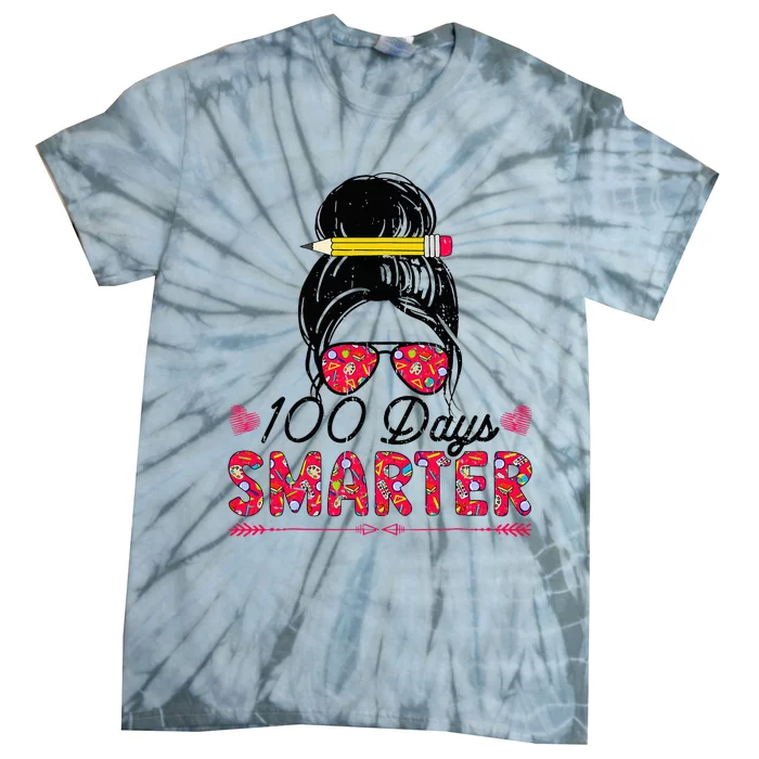 100 Days Smarter Girl Messy Bun Hair 100th Day Of School Tie-Dye T-Shirt