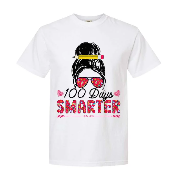 100 Days Smarter Girl Messy Bun Hair 100th Day Of School Garment-Dyed Heavyweight T-Shirt