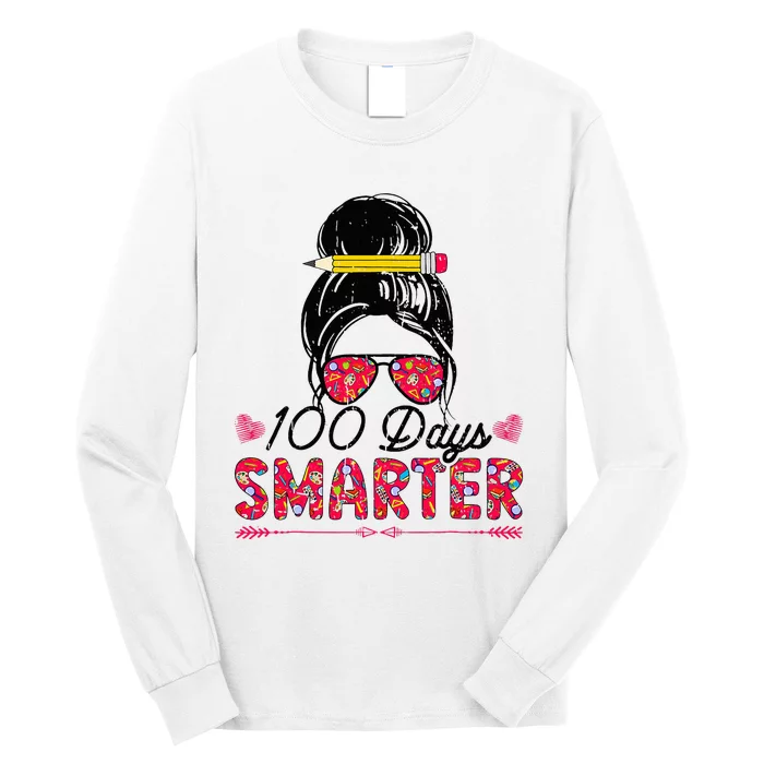 100 Days Smarter Girl Messy Bun Hair 100th Day Of School Long Sleeve Shirt