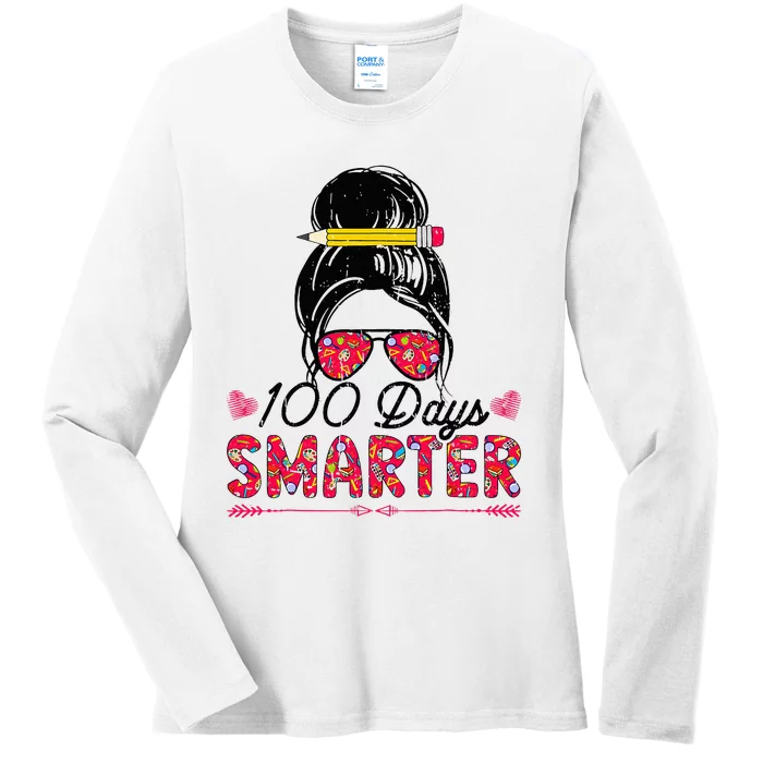 100 Days Smarter Girl Messy Bun Hair 100th Day Of School Ladies Long Sleeve Shirt