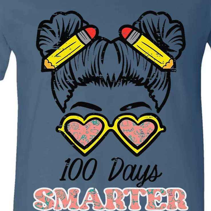 100 Days Smarter Bun 100th Day School Teacher Girl V-Neck T-Shirt