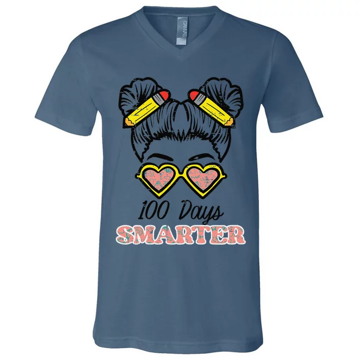 100 Days Smarter Bun 100th Day School Teacher Girl V-Neck T-Shirt