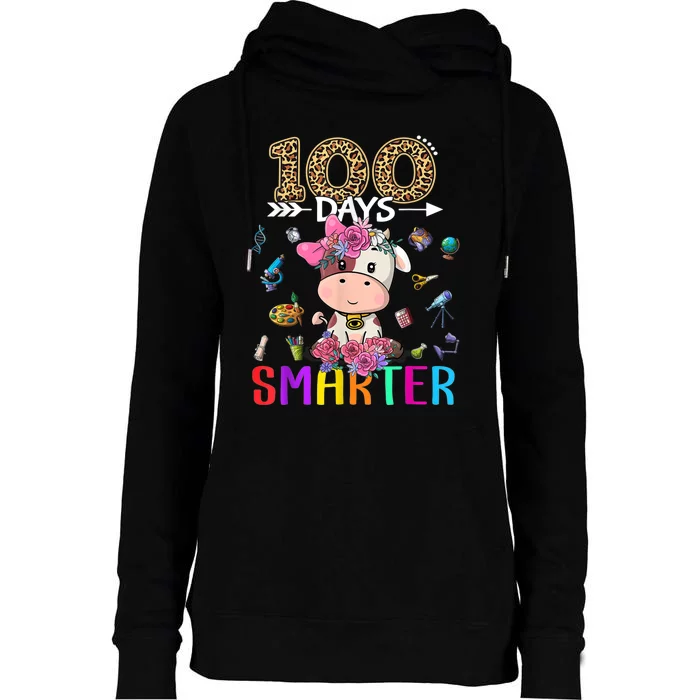 100 Days Smarter Cute Cow  Happy 100th Day of school Womens Funnel Neck Pullover Hood