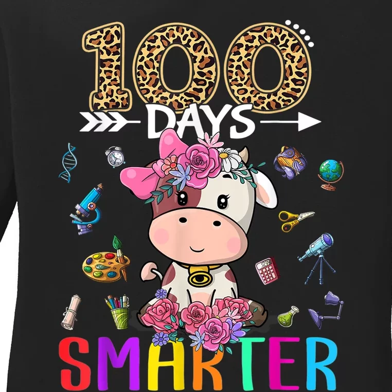 100 Days Smarter Cute Cow  Happy 100th Day of school Ladies Long Sleeve Shirt